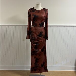 SHEIN Long Sleeve Abstract Dress in Brown and Black